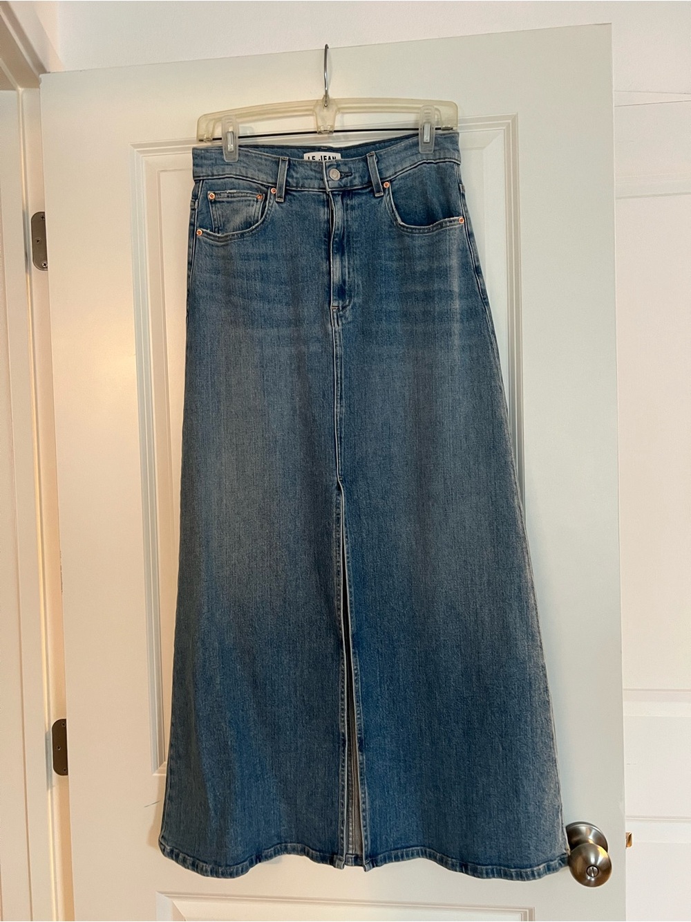 LE JEAN Los Angeles High Rise Denim Maxi Skirt Front Slit Medium Wash - Size XS